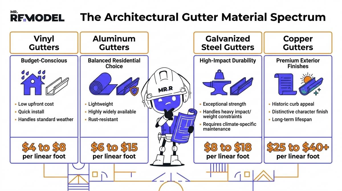 A 2026 gutter material comparison infographic displaying the typical installed costs per linear foot: Vinyl ($4-$8), Aluminum ($6-$15), Galvanized Steel ($8-$18), and Copper ($25-$40+).